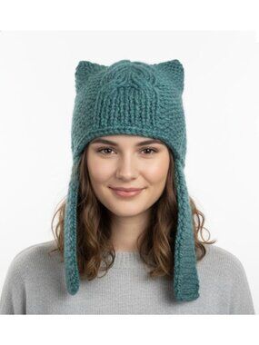 ⭐Womens Hand Knit Teal Blue Cat Ear Beanie Earflap Winter Warm Cable Knit Hat